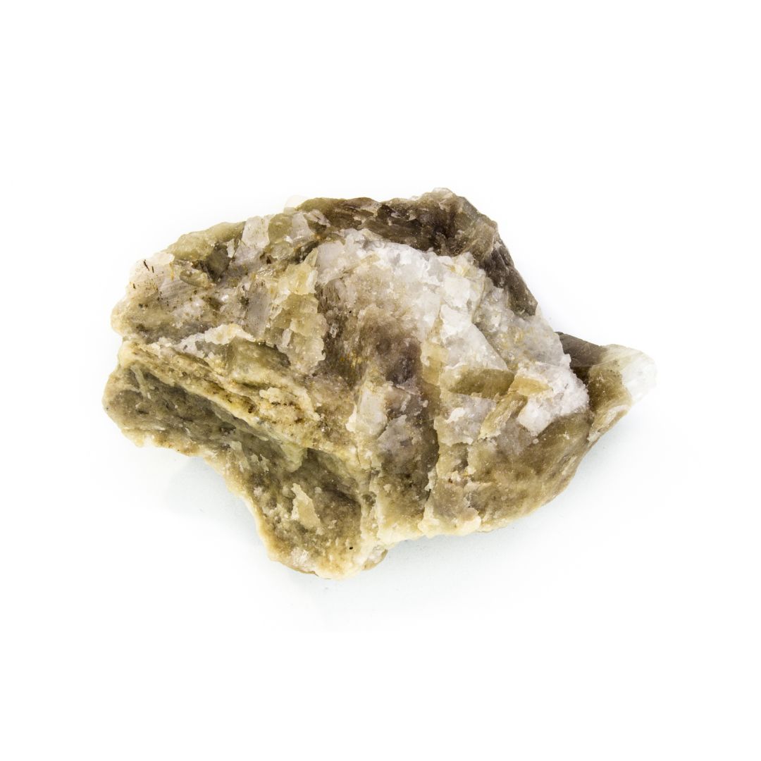 Hackmanite, a yellowish stone on a white background.