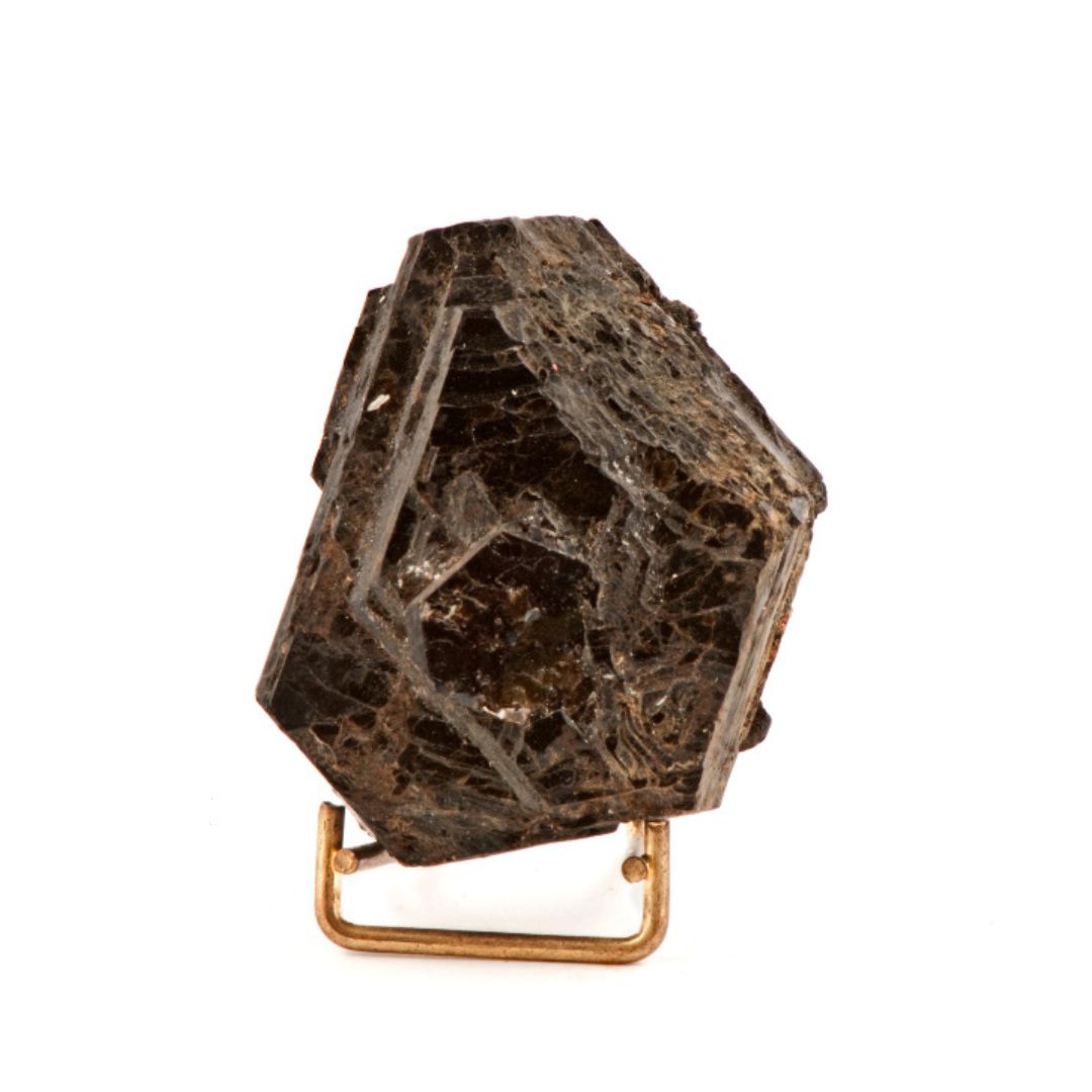 Mica in the form of Biotite. A dark stone on a gold stand on white background
