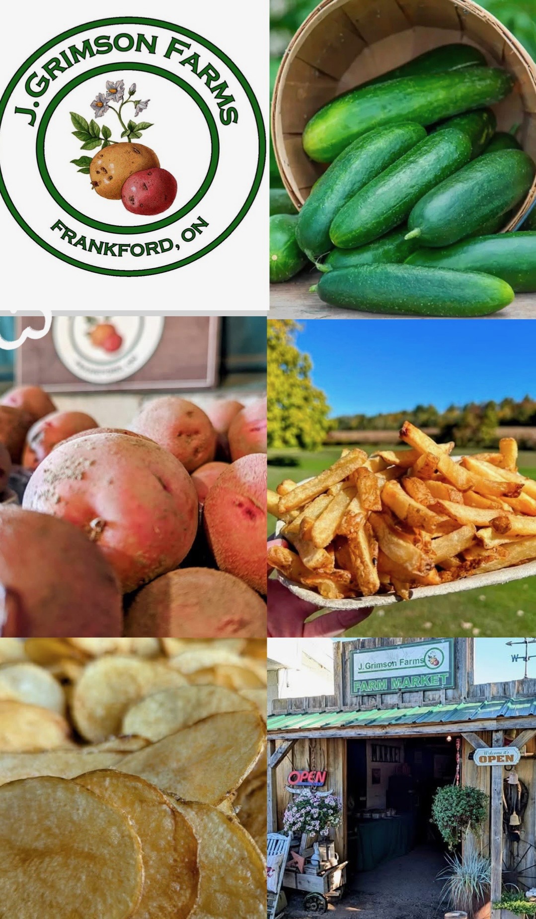 photo collage of vegetables, potatoes, fries. J. Grimson Farms logo