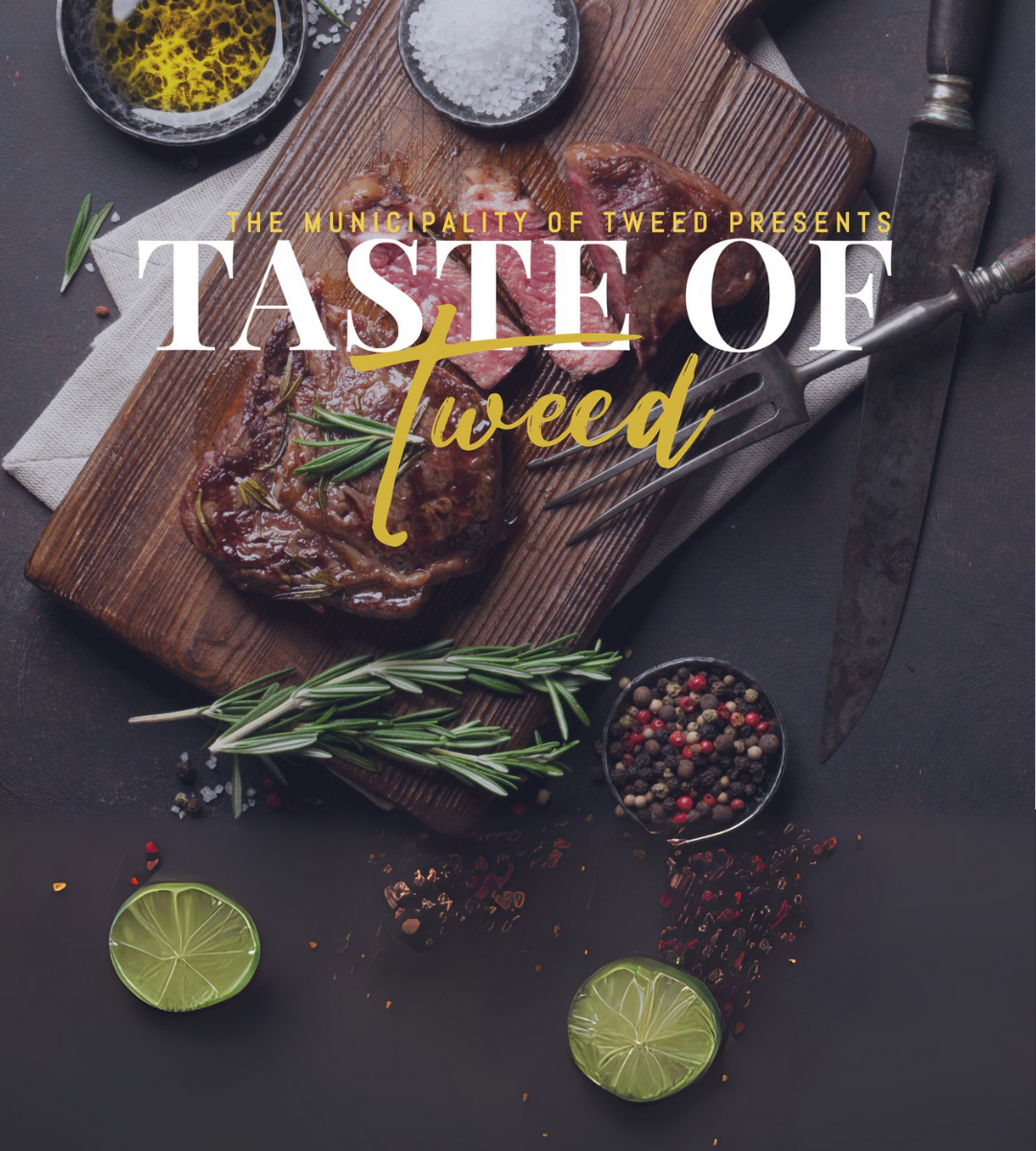 Taste of Tweed Poster. A steak on a cutting board with a black background and limes.